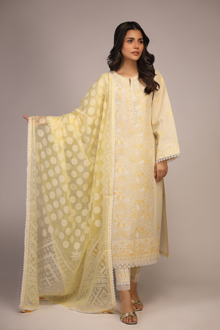 Popular women clothing brand, light yellow unstitched 3 piece